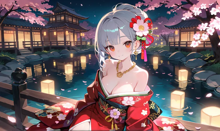 1girl, solo, bishoujo, young woman, grey hair, updo, braided hair, hair ornament, pink flowers, hair ribbon, tassel… — by cb z, made with ComfyUI