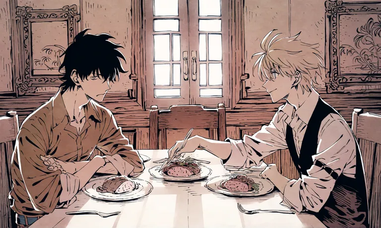 2boys, dining room, long table, silver tableware, roast lamb ribs, sunlight, medium shot, midday, warm colors… — by 我不知道, made with ComfyUI