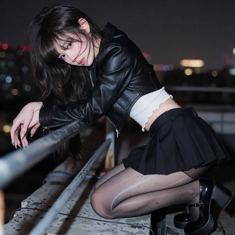 A crystal-clear soft-focus shot captured on a rooftop at night. A beautiful young East Asian woman with messy black hair — by 天才美少女, made with ComfyUI