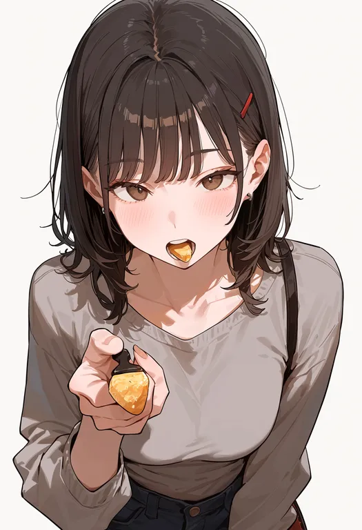 masterpiece, best quality, score_7, safe, feeding viewer, 1girl, solo, upper body, simple background — by k3scat, made with ComfyUI