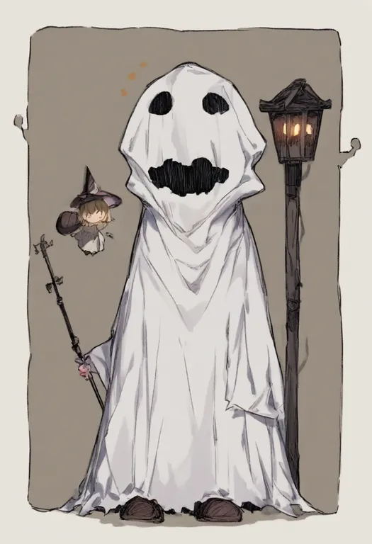 masterpiece, best quality, general, ghost costume, 1girl, solo, full body, simple background — by k3scat, made with ComfyUI