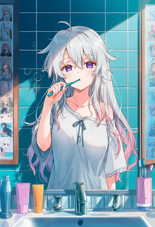 9-nine-, niimi sora, 1girl, pajamas， solo, long hair, looking at viewer, blush, bangs, white hair, shirt, holding… — by 三叶草, made with NovelAI