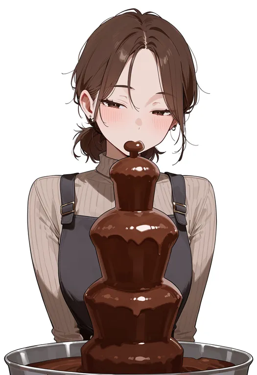 masterpiece, best quality, score_7, safe, chocolate fountain, 1girl, solo, upper body, simple background — by k3scat, made with ComfyUI