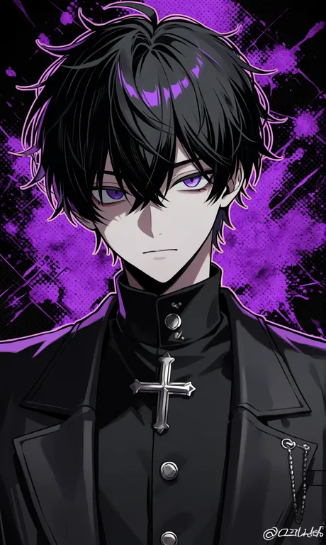 let's_draw_pretty_boys_challenge, black_hair, deep_background, purple_eyes — by 岚亦, made with ComfyUI