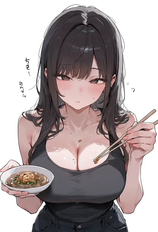 masterpiece, best quality, score_7, safe, chopsticks, 1girl, solo, upper body, simple background — by k3scat, made with ComfyUI