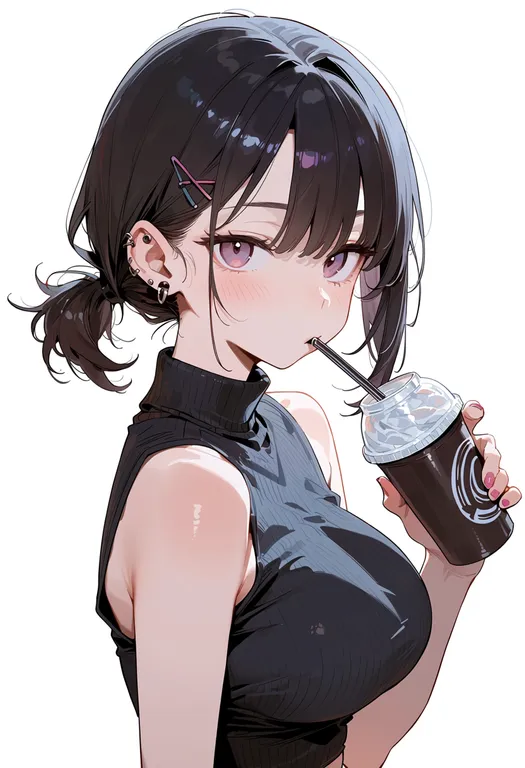 masterpiece, best quality, score_7, safe, drinking straw, 1girl, solo, upper body, simple background — by k3scat, made with ComfyUI