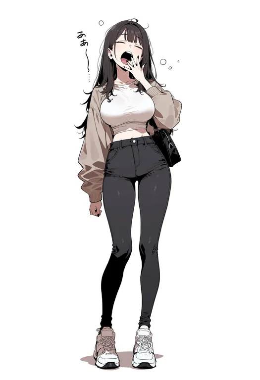 masterpiece, best quality, score_7, safe, yawning, 1girl, solo, full body, simple background — by k3scat, made with ComfyUI