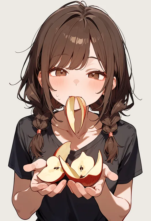 masterpiece, best quality, score_7, safe, apple peel, 1girl, solo, upper body, simple background — by k3scat, made with ComfyUI