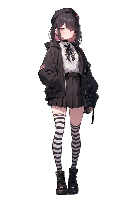 masterpiece, best quality, score_7, safe, striped, 1girl, solo, full body, simple background — by k3scat, made with ComfyUI