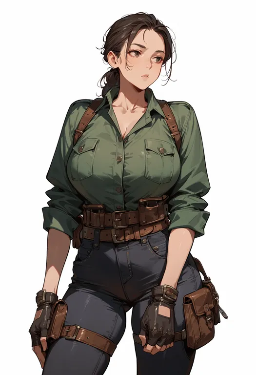 masterpiece, best quality, score_7, safe, leather belt, 1girl, solo, simple background — by k3scat, made with ComfyUI