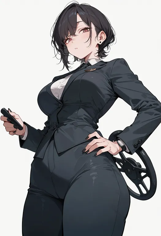 masterpiece, best quality, score_7, safe, steering wheel, 1girl, solo, simple background — by k3scat, made with ComfyUI
