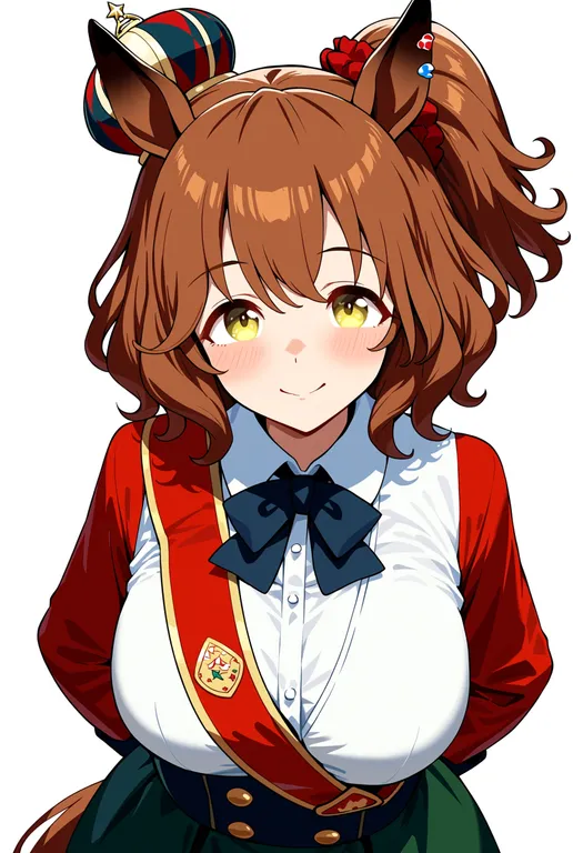 masterpiece, best quality, score_7, safe, aston machan (umamusume), umamusume, solo, upper body, simple background — by k3scat, made with ComfyUI