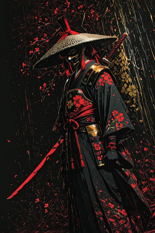 1man, middle-aged, samurai, wearing straw hat, wearing menpo mask, standing, three-quarter view, katana on shoulder… — by Nick man, made with ComfyUI