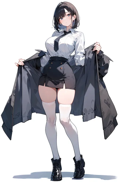 masterpiece, best quality, score_7, safe, white thighhighs, 1girl, solo, simple background — by k3scat, made with ComfyUI