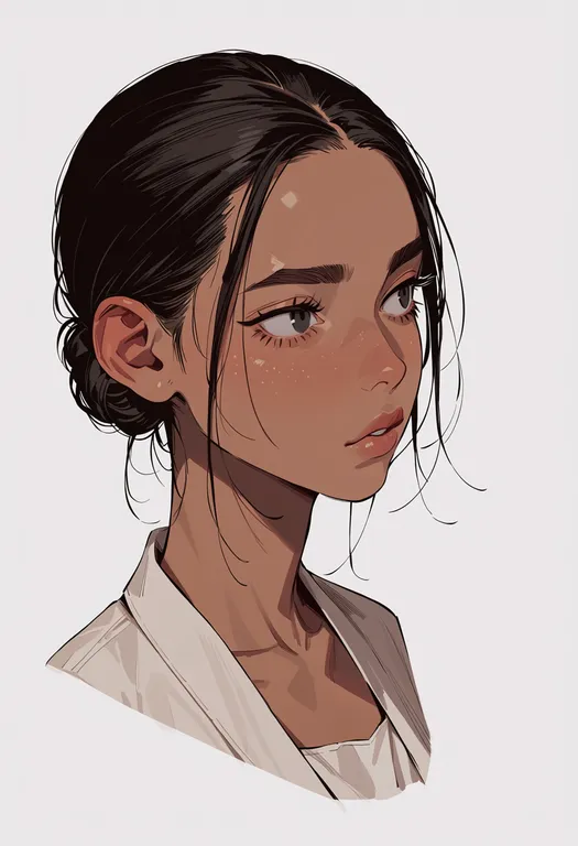 masterpiece, best quality, score_7, safe, very low bun, 1girl, solo, portrait, simple background — by k3scat, made with ComfyUI