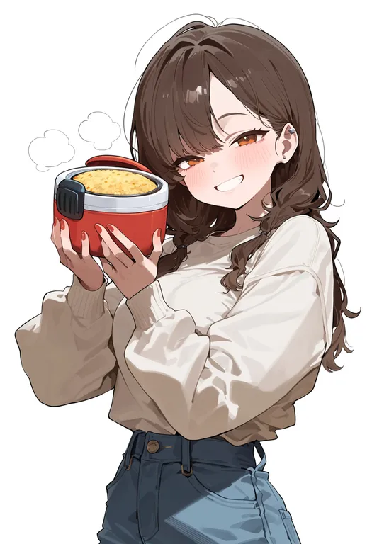 masterpiece, best quality, score_7, safe, rice cooker, 1girl, solo, upper body, simple background — by k3scat, made with ComfyUI