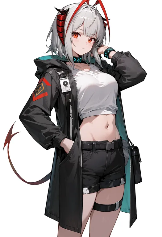 masterpiece, best quality, score_7, safe, infection monitor (arknights), 1girl, solo, simple background — by k3scat, made with ComfyUI