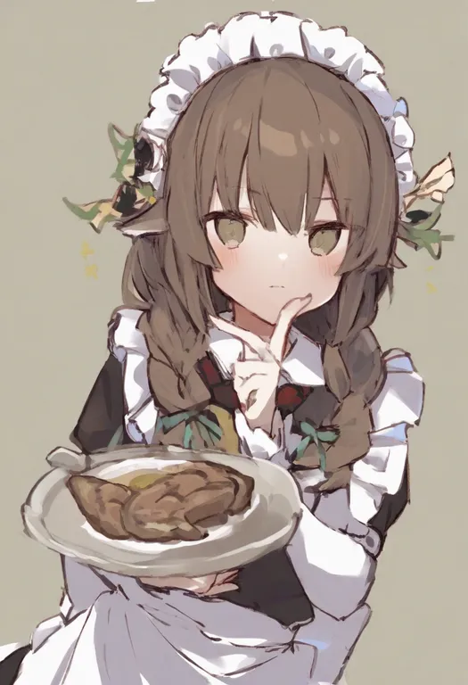 masterpiece, best quality, general, white apron, 1girl, solo, simple background — by k3scat, made with ComfyUI