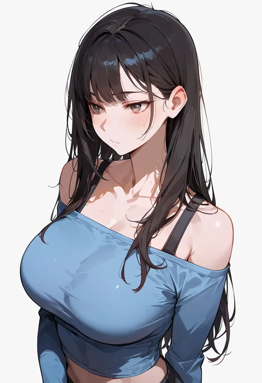 masterpiece, best quality, score_7, safe, off-shoulder shirt, 1girl, solo, upper body, simple background — by k3scat, made with ComfyUI