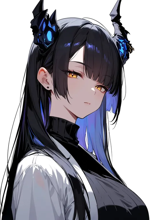 masterpiece, best quality, score_7, safe, hair around horn, 1girl, solo, portrait, simple background — by k3scat, made with ComfyUI