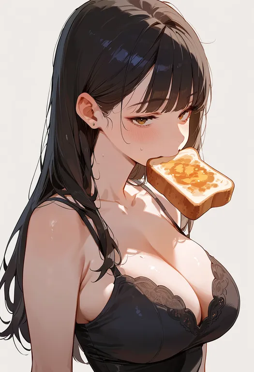 masterpiece, best quality, score_7, safe, toast in mouth, 1girl, solo, upper body, simple background — by k3scat, made with ComfyUI