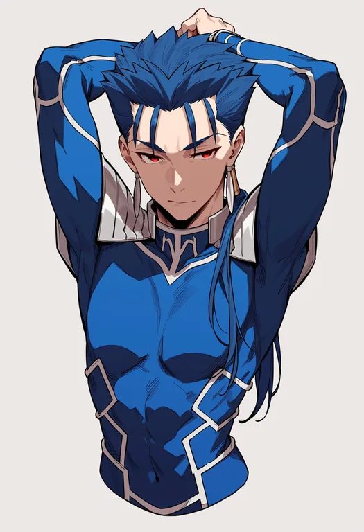masterpiece, best quality, score_7, safe, cu chulainn (fate), fate/stay night, solo, upper body, simple background — by k3scat, made with ComfyUI
