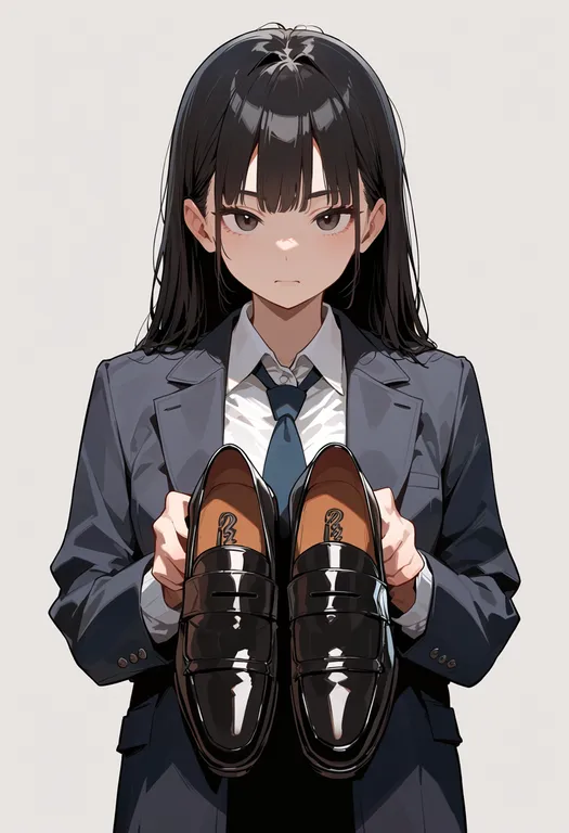 masterpiece, best quality, score_7, safe, holding unworn shoes, 1girl, solo, upper body, simple background — by k3scat, made with ComfyUI