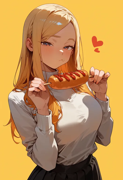 masterpiece, best quality, score_7, safe, corn dog, 1girl, solo, upper body, simple background — by k3scat, made with ComfyUI