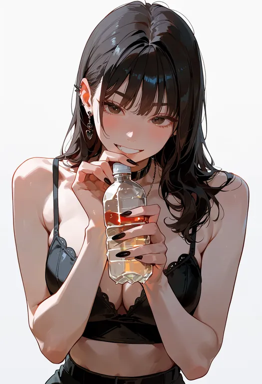 masterpiece, best quality, score_7, safe, bottle, 1girl, solo, upper body, simple background — by k3scat, made with ComfyUI