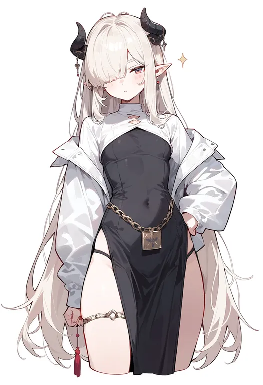 masterpiece, best quality, score_7, safe, small horns, 1girl, solo, simple background — by k3scat, made with ComfyUI