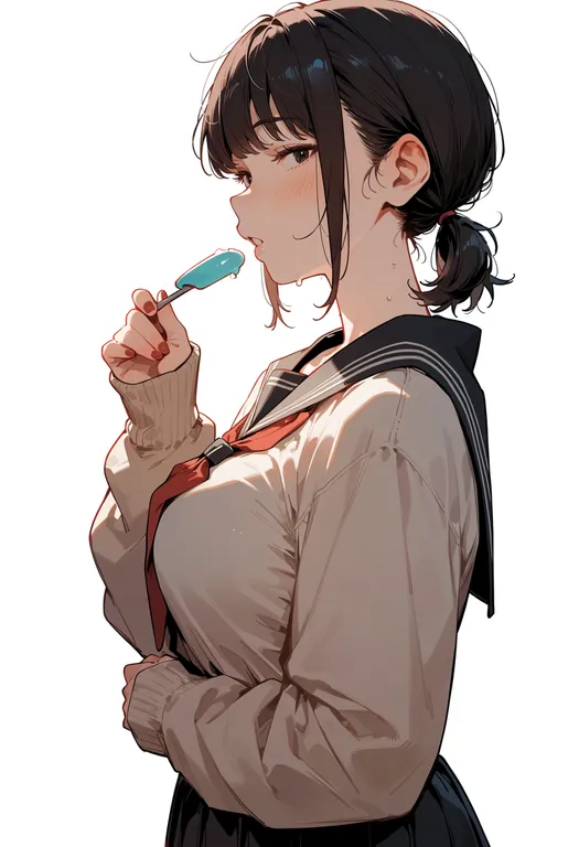 masterpiece, best quality, score_7, safe, too many scoops, 1girl, solo, upper body, simple background — by k3scat, made with ComfyUI