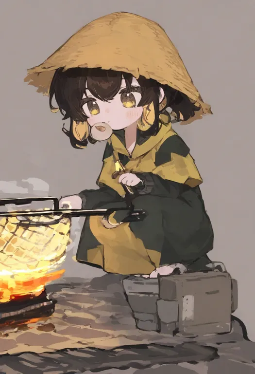 masterpiece, best quality, general, grilling, 1girl, solo, full body, simple background — by k3scat, made with ComfyUI