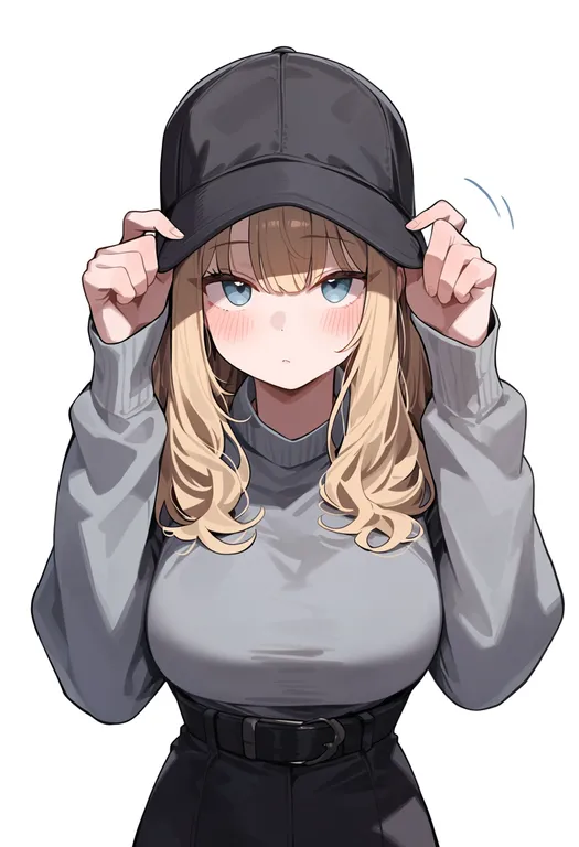 masterpiece, best quality, score_7, safe, hands on headwear, 1girl, solo, upper body, simple background — by k3scat, made with ComfyUI