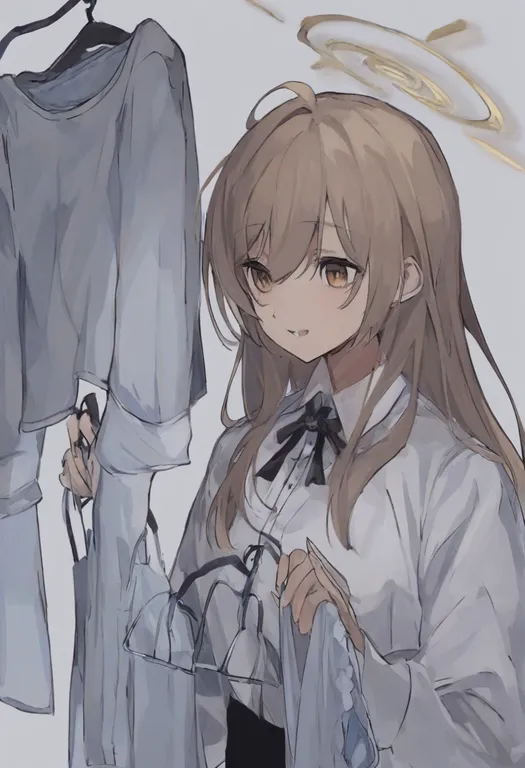 masterpiece, best quality, general, holding clothes hanger, 1girl, solo, upper body, simple background — by k3scat, made with ComfyUI