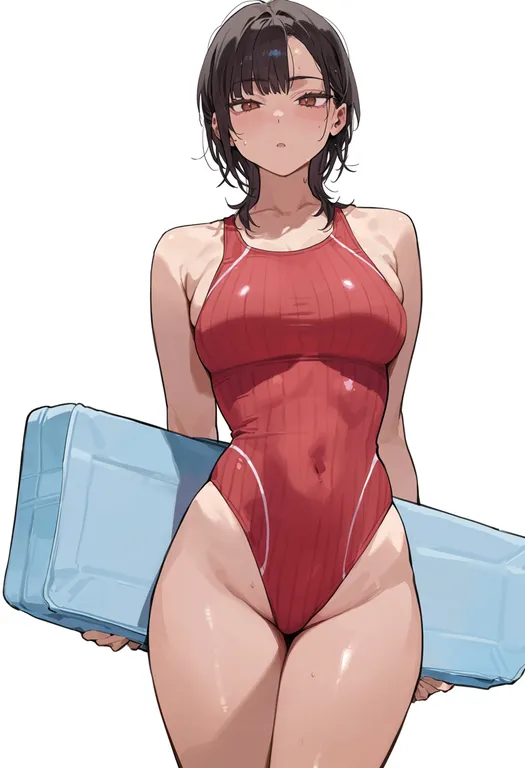 masterpiece, best quality, score_7, safe, red one-piece swimsuit, 1girl, solo, simple background — by k3scat, made with ComfyUI