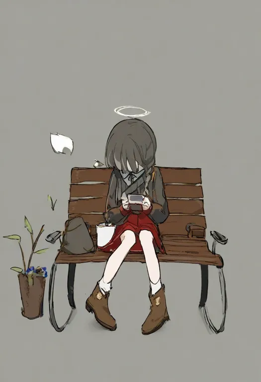 masterpiece, best quality, general, on bench, 1girl, solo, simple background — by k3scat, made with ComfyUI