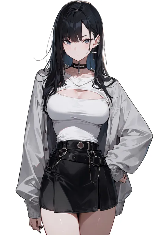 masterpiece, best quality, score_7, safe, cross earrings, 1girl, solo, simple background — by k3scat, made with ComfyUI
