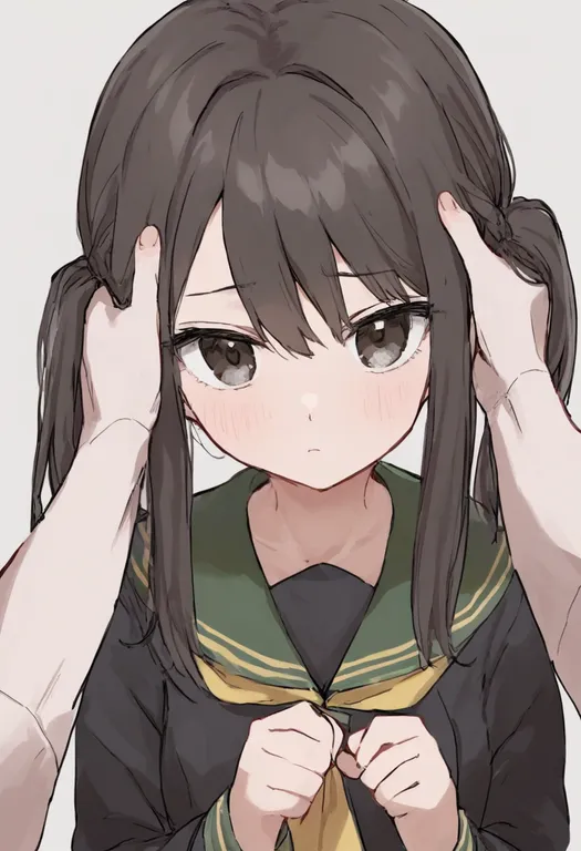 masterpiece, best quality, general, hands on another's head, 1girl, solo, upper body, simple background — by k3scat, made with ComfyUI