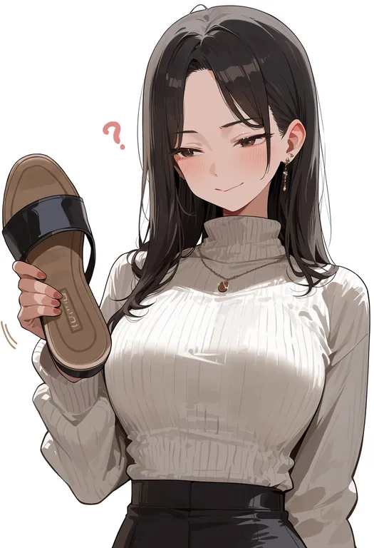 masterpiece, best quality, score_7, safe, holding unworn sandals, 1girl, solo, upper body, simple background — by k3scat, made with ComfyUI