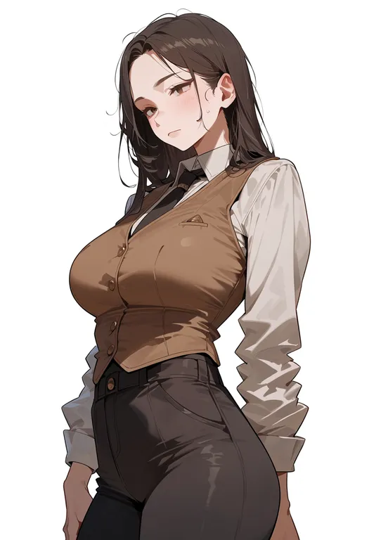 masterpiece, best quality, score_7, safe, brown vest, 1girl, solo, simple background — by k3scat, made with ComfyUI