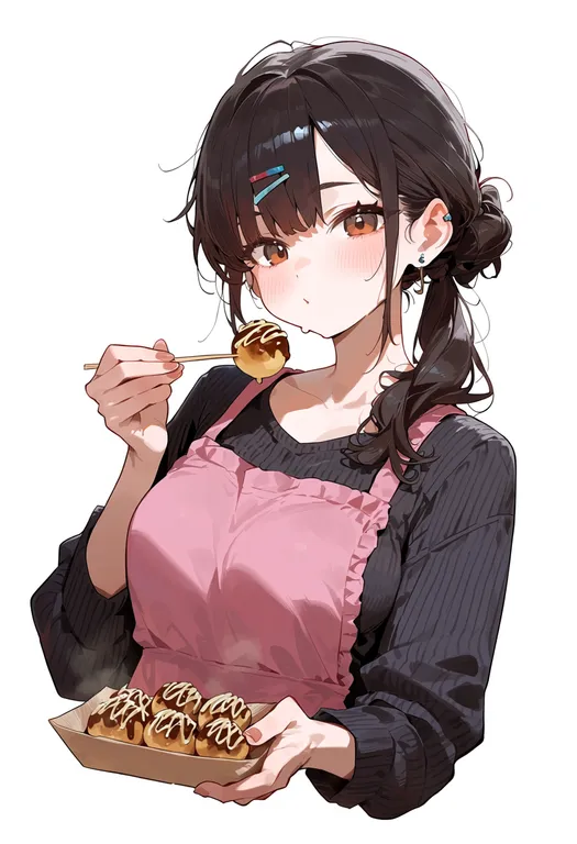 masterpiece, best quality, score_7, safe, takoyaki, 1girl, solo, upper body, simple background — by k3scat, made with ComfyUI