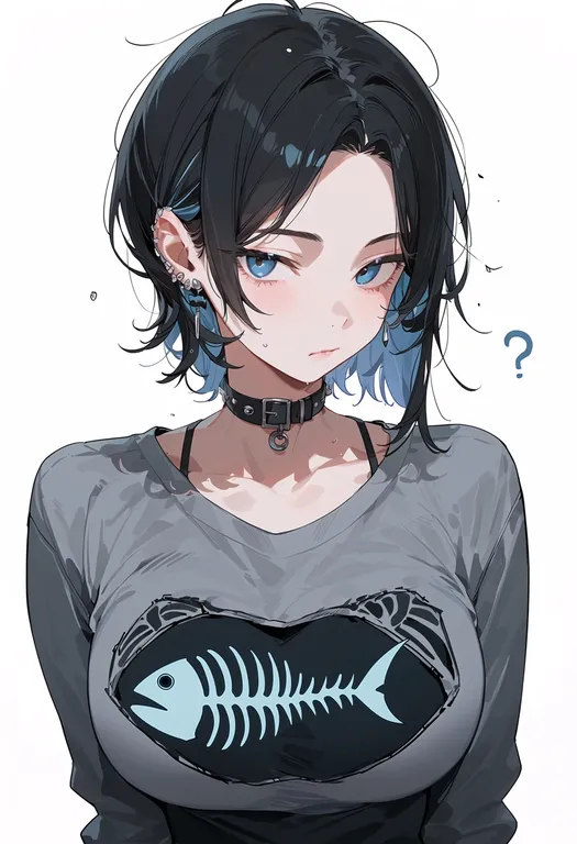 masterpiece, best quality, score_7, safe, fish skeleton, 1girl, solo, upper body, simple background — by k3scat, made with ComfyUI