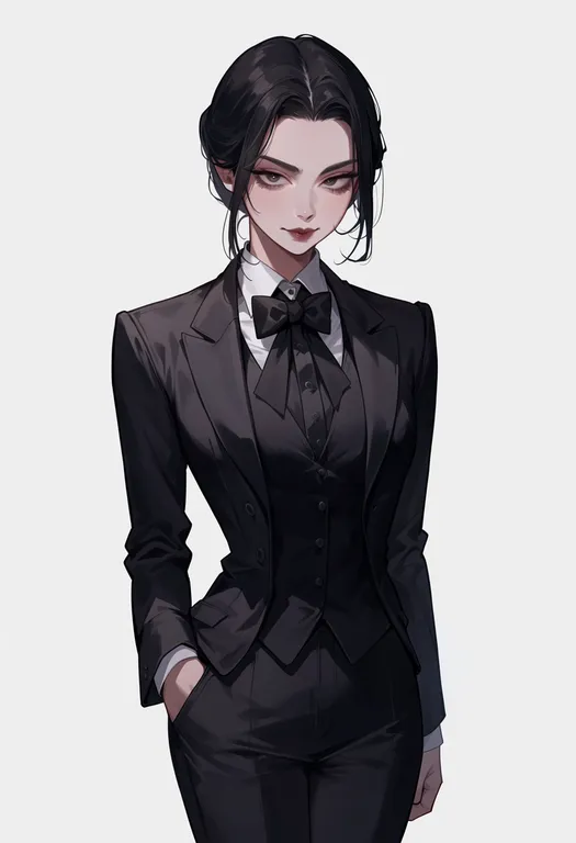 masterpiece, best quality, score_7, safe, the addams family, solo, simple background — by k3scat, made with ComfyUI