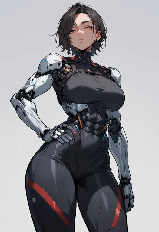masterpiece, best quality, score_7, safe, cyborg, 1girl, solo, simple background — by k3scat, made with ComfyUI