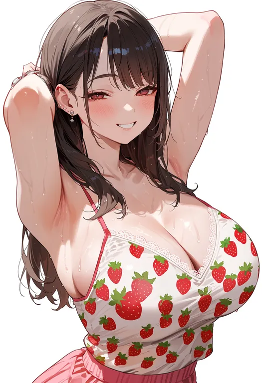 masterpiece, best quality, score_7, safe, strawberry print, 1girl, solo, upper body, simple background — by k3scat, made with ComfyUI