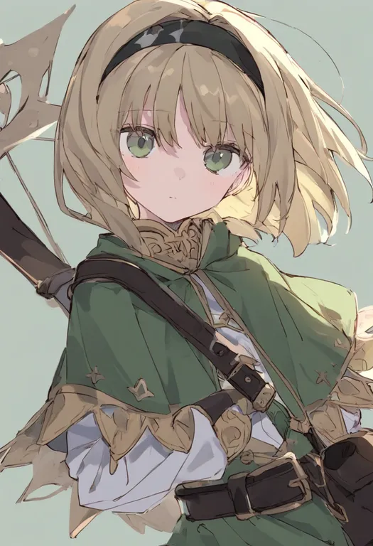 masterpiece, best quality, general, green capelet, 1girl, solo, simple background — by k3scat, made with ComfyUI