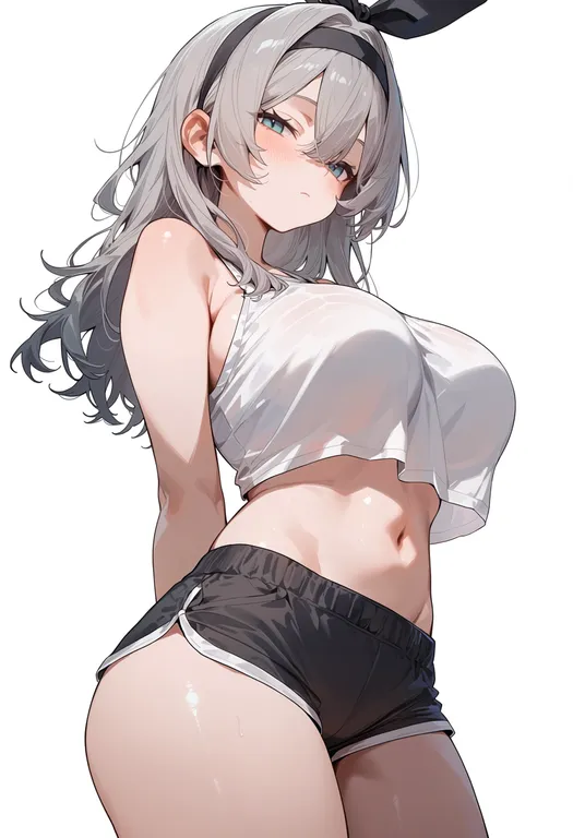 masterpiece, best quality, score_7, safe, bow hairband, 1girl, solo, simple background — by k3scat, made with ComfyUI