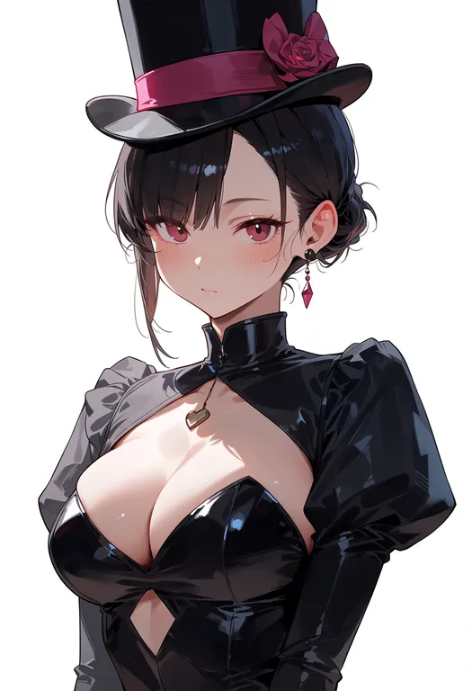 masterpiece, best quality, score_7, safe, top hat, 1girl, solo, upper body, simple background — by k3scat, made with ComfyUI