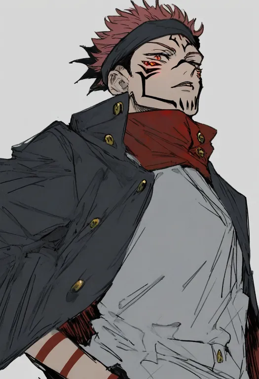masterpiece, best quality, general, ryoumen sukuna (jujutsu kaisen), jujutsu kaisen, solo, upper body, simple background — by k3scat, made with ComfyUI