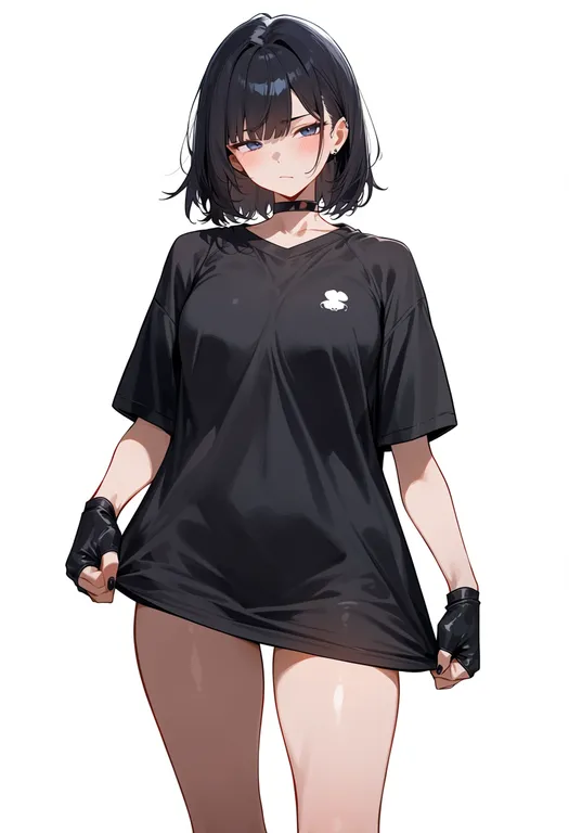 masterpiece, best quality, score_7, safe, black shirt, 1girl, solo, simple background — by k3scat, made with ComfyUI